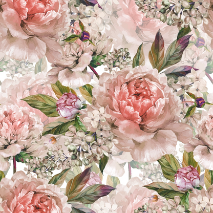 A pattern of pink and white flowers with green leaves, showcasing peonies and blossoms, fills the image.