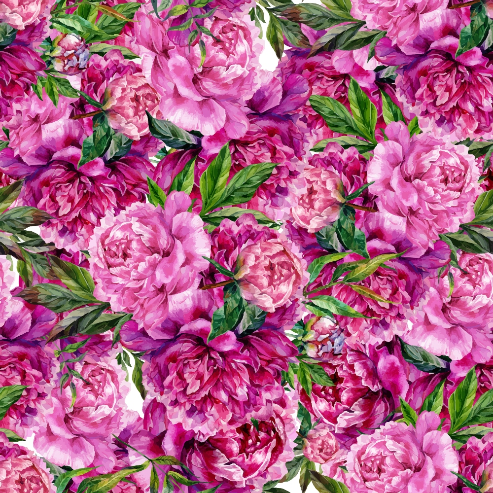 Pattern of pink and magenta peonies with green leaves densely arranged on a white background.