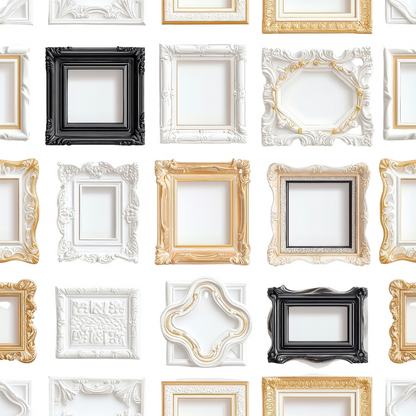 A grid of empty ornate frames in various shapes and colors including black, white, and gold against a white background.