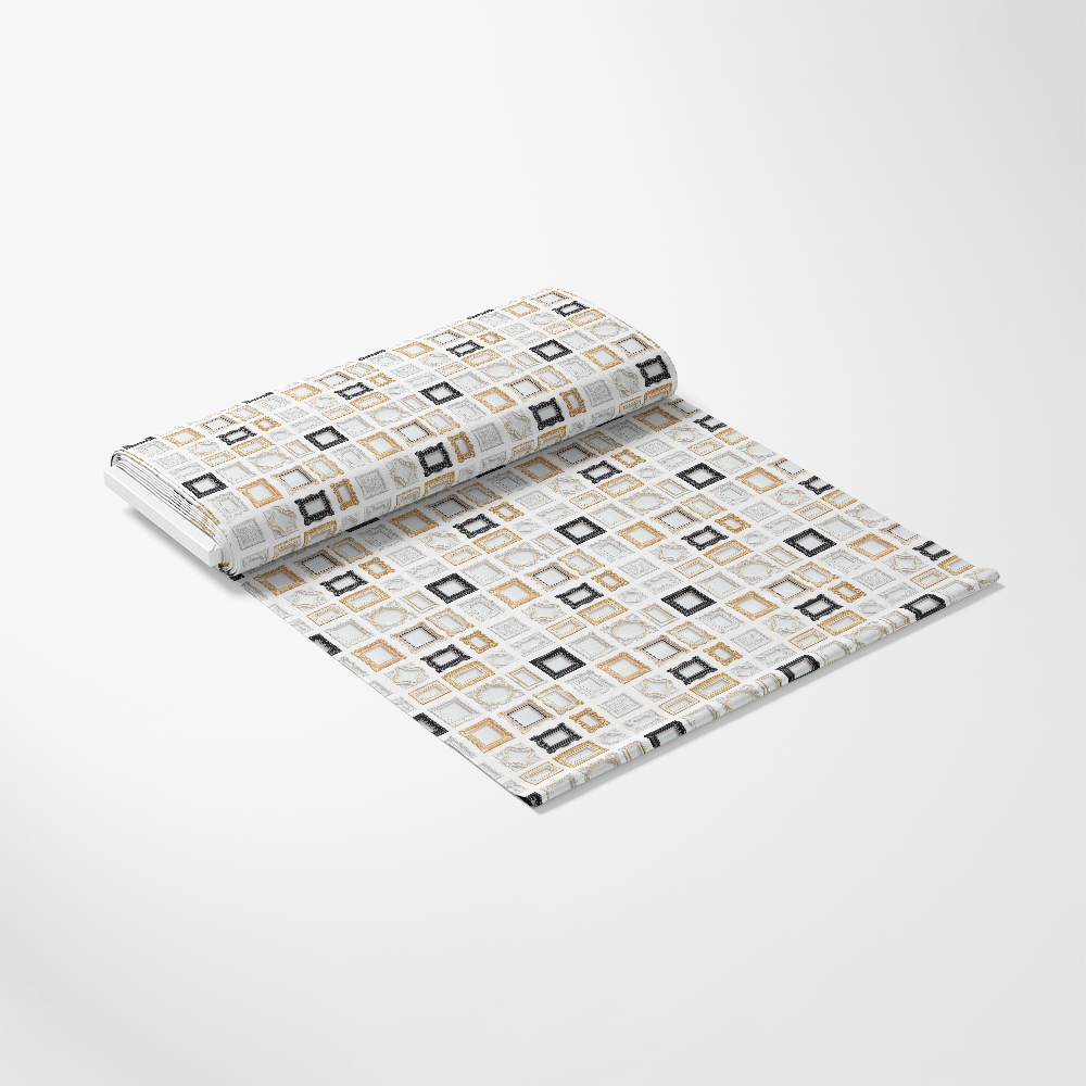 A roll of fabric with a geometric pattern featuring squares and rectangles in beige, white, and black on a light background.