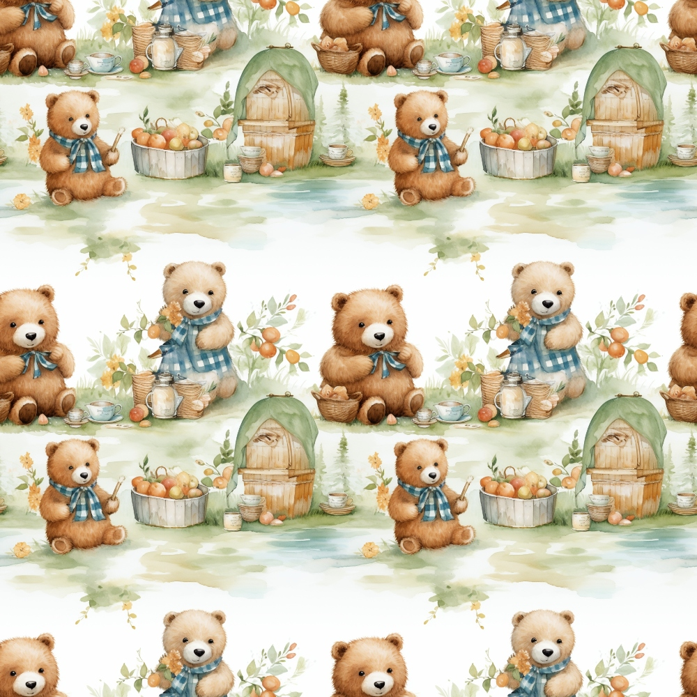 Patterned illustration of cute teddy bears with honey jars and beehives, wearing blue scarves, surrounded by flowers and apple baskets.