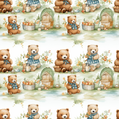 Patterned illustration of cute teddy bears with honey jars and beehives, wearing blue scarves, surrounded by flowers and apple baskets.