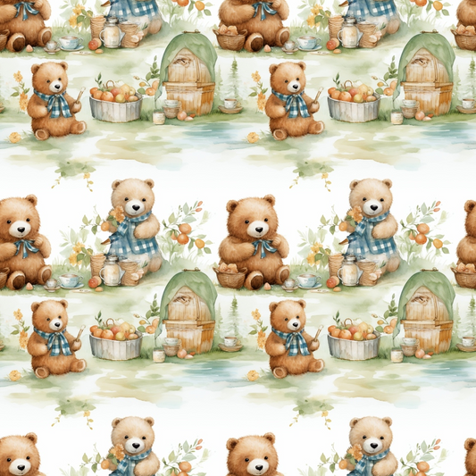 Patterned illustration of cute teddy bears with honey jars and beehives, wearing blue scarves, surrounded by flowers and apple baskets.