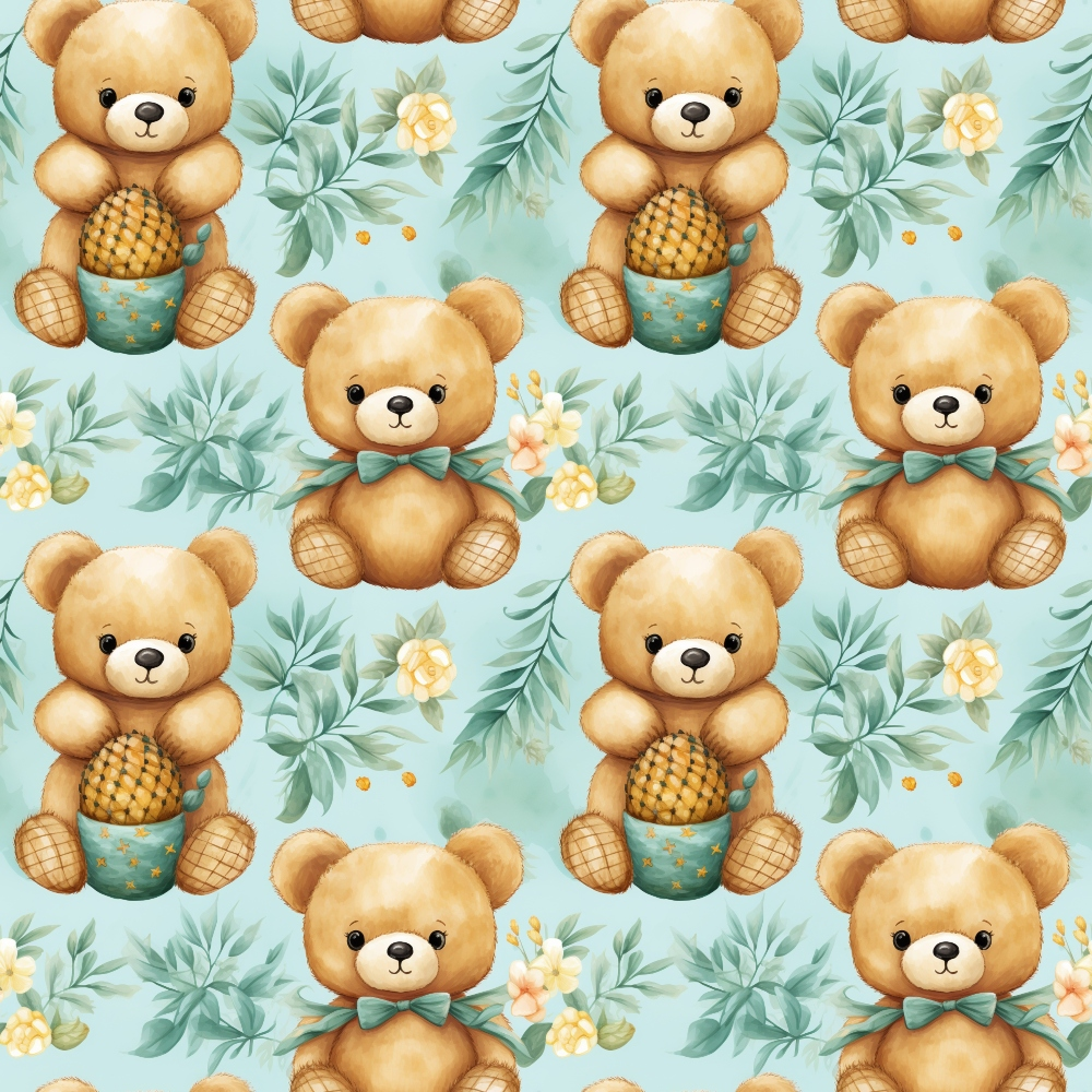 Pattern of teddy bears holding honey pots, surrounded by green leaves and yellow flowers on a light blue background.