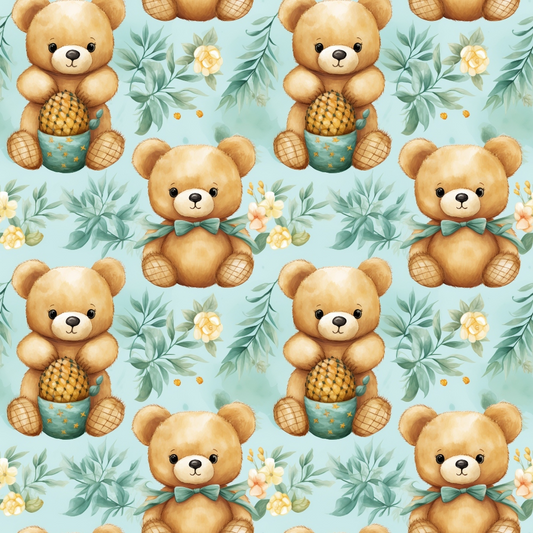 Pattern of teddy bears holding honey pots, surrounded by green leaves and yellow flowers on a light blue background.