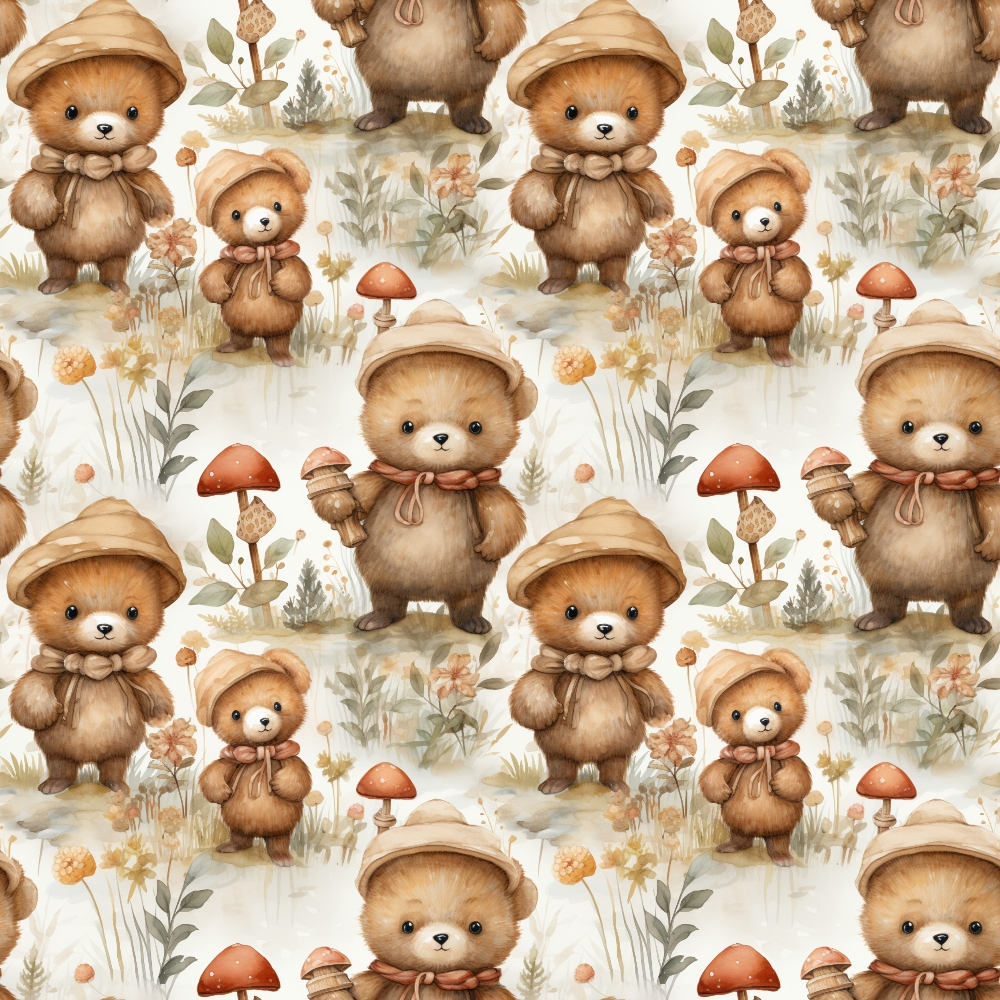 Seamless pattern of cute bears in hats holding mushrooms, surrounded by mushrooms and plants on a beige background.