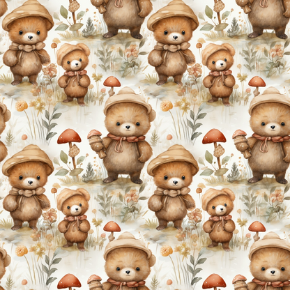 Seamless pattern of cute bears in hats holding mushrooms, surrounded by mushrooms and plants on a beige background.