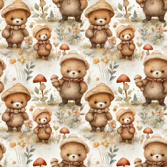 Seamless pattern of cute bears in hats holding mushrooms, surrounded by mushrooms and plants on a beige background.