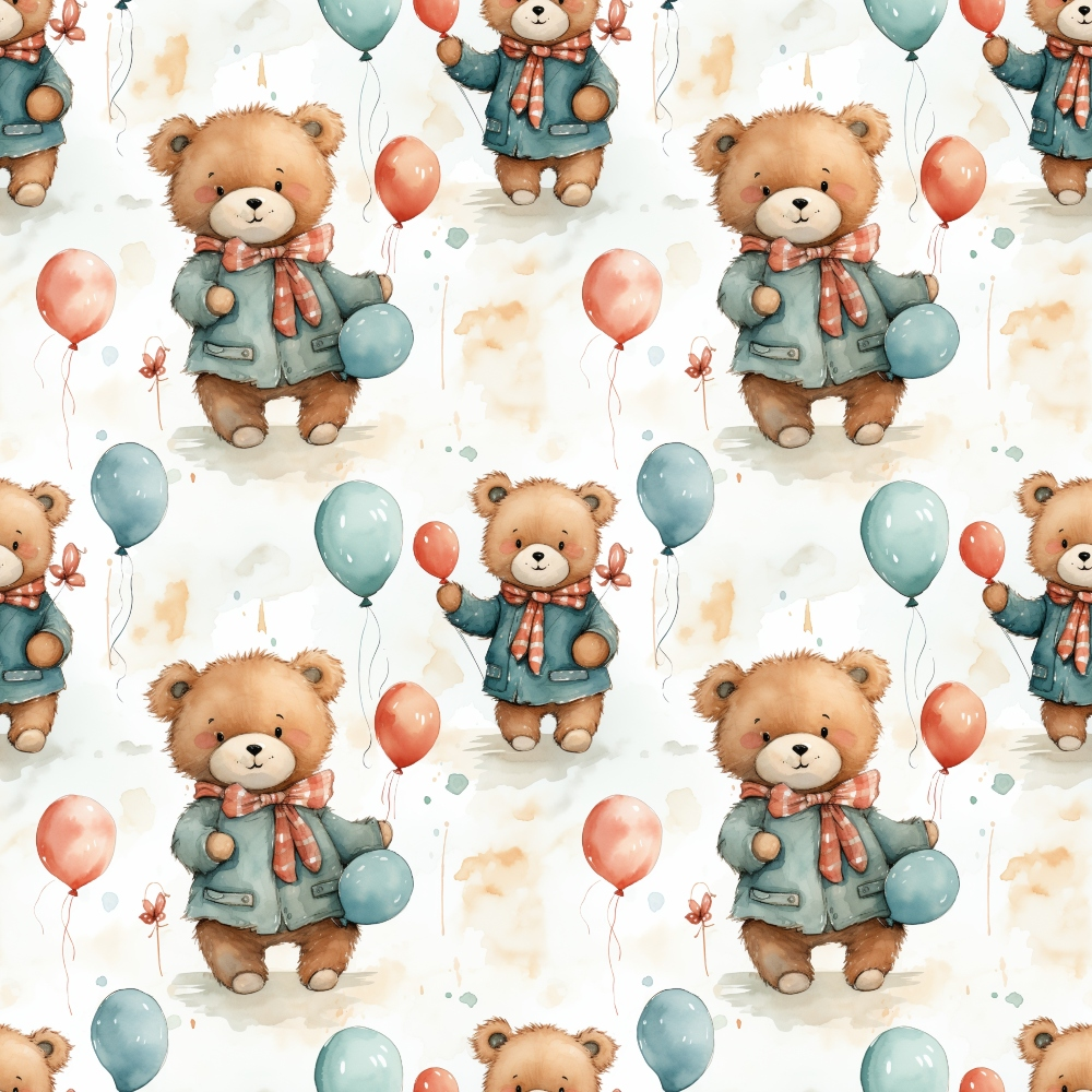 Pattern of cute teddy bears holding blue and pink balloons, wearing coats and scarves, on a light background with subtle watercolor splashes.