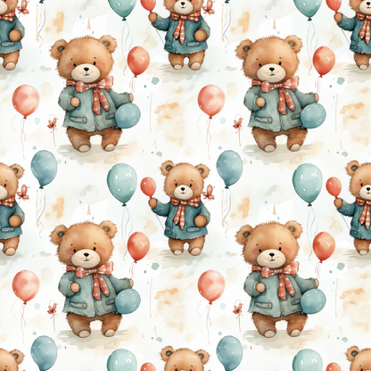 Pattern of cute teddy bears holding blue and pink balloons, wearing coats and scarves, on a light background with subtle watercolor splashes.