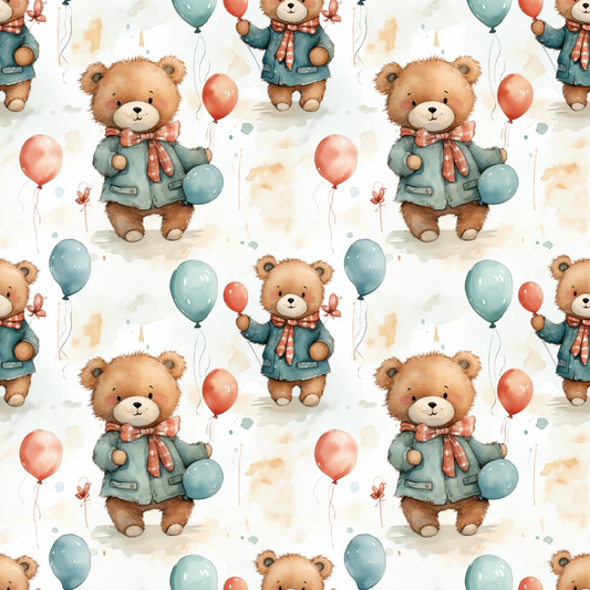 Pattern of cute teddy bears holding blue and pink balloons, wearing coats and scarves, on a light background with subtle watercolor splashes.