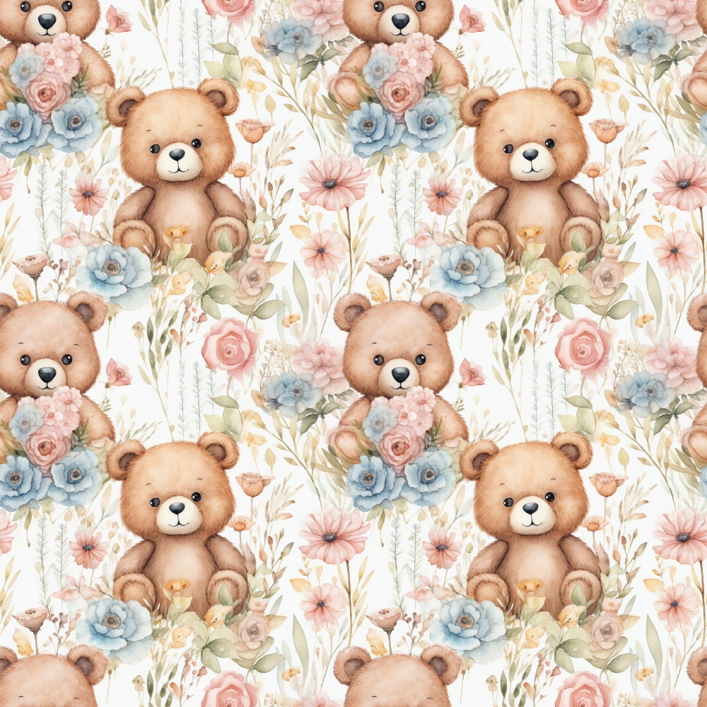 teddy bears, brown bears, watercolor style, floral pattern, pink roses, blue flowers, pastel colors, cream background, soft colors, quilting cotton, fabric panel, repeating pattern, cute animals, nursery theme, delicate florals, peach blossoms, botanical elements, children's fabric, baby theme, gentle artwork