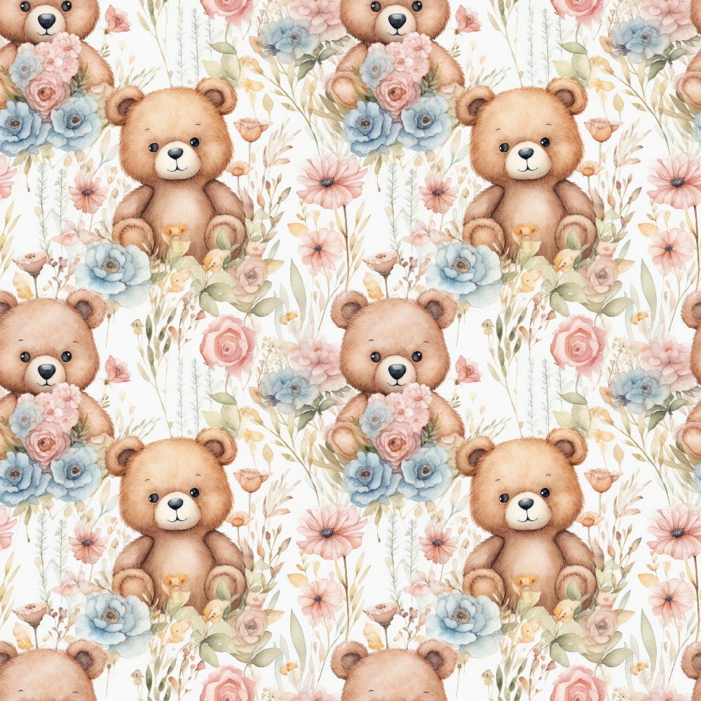 Pattern with teddy bears holding blue flowers, surrounded by watercolor-style roses and greenery on a white background.