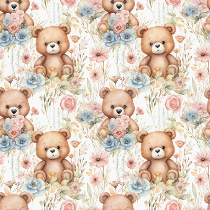 Pattern with teddy bears holding blue flowers, surrounded by watercolor-style roses and greenery on a white background.