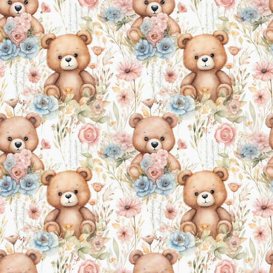 Pattern with teddy bears holding blue flowers, surrounded by watercolor-style roses and greenery on a white background.