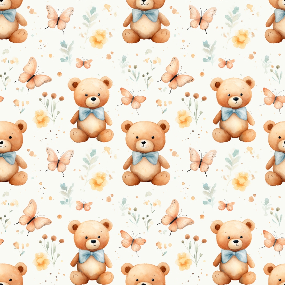 Pattern of teddy bears with blue bows, pink butterflies, and yellow flowers on a light background.