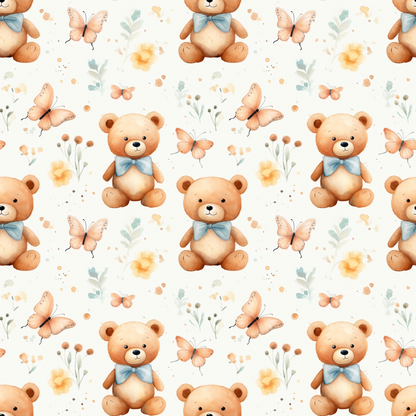 Pattern of teddy bears with blue bows, pink butterflies, and yellow flowers on a light background.