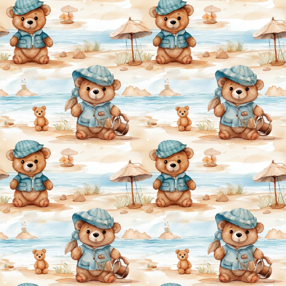 Pattern of teddy bears in blue outfits on a beach with umbrellas, sand, and sea in the background.