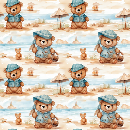 Pattern of teddy bears in blue outfits on a beach with umbrellas, sand, and sea in the background.