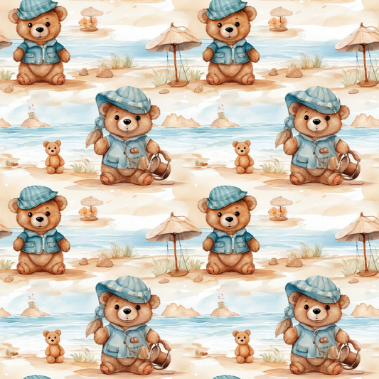 Pattern of teddy bears in blue outfits on a beach with umbrellas, sand, and sea in the background.