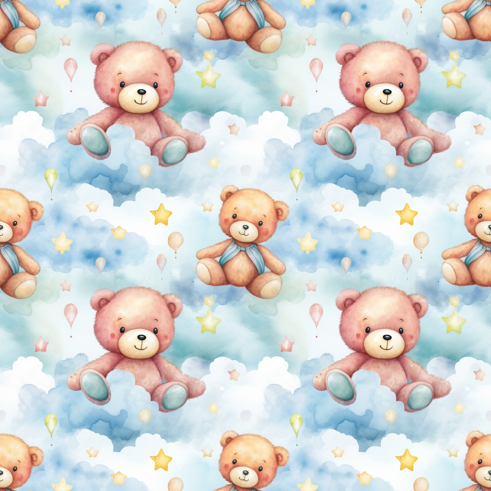 Pattern of teddy bears sitting on clouds with stars and balloons, set against a blue sky background.