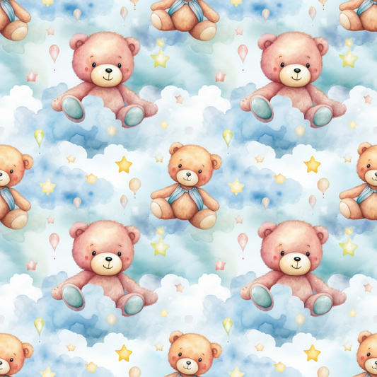 Pattern of teddy bears sitting on clouds with stars and balloons, set against a blue sky background.