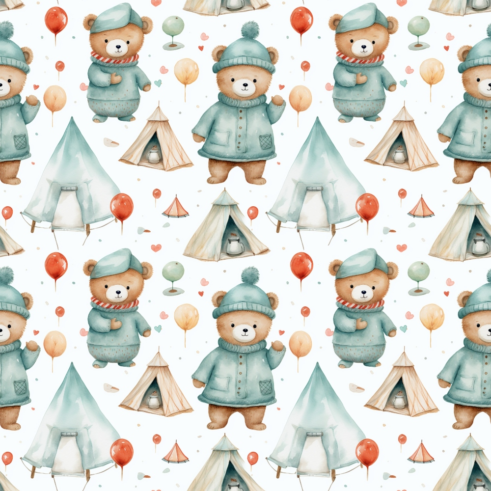 Pattern of teddy bears wearing winter clothing, surrounded by tents, balloons, and stars.