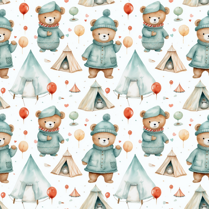 Pattern of teddy bears wearing winter clothing, surrounded by tents, balloons, and stars.