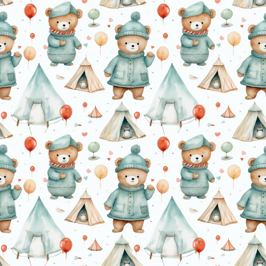 Pattern of teddy bears wearing winter clothing, surrounded by tents, balloons, and stars.