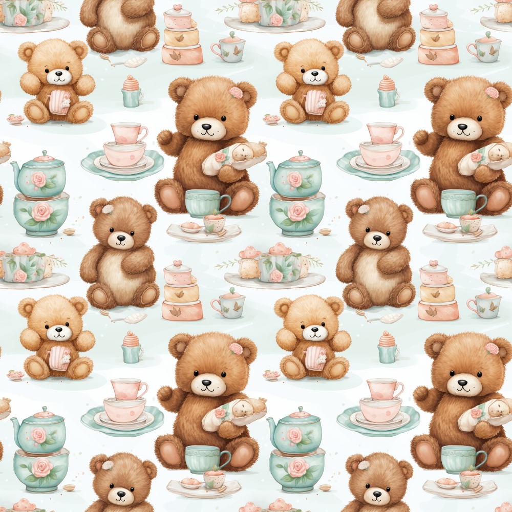 Pattern of teddy bears with cupcakes, teacups, teapots, and baby bottles on a light background.