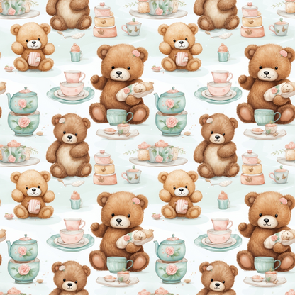 Pattern of teddy bears with cupcakes, teacups, teapots, and baby bottles on a light background.