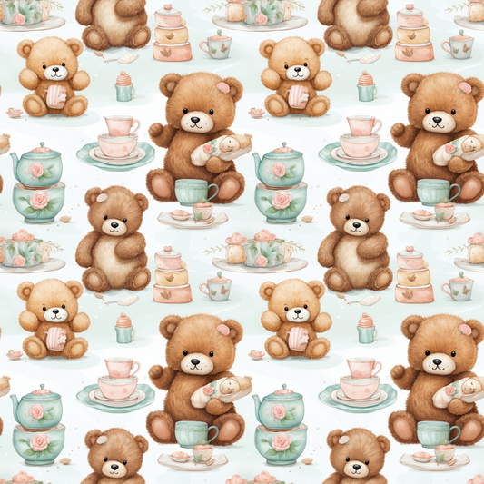 Pattern of teddy bears with cupcakes, teacups, teapots, and baby bottles on a light background.