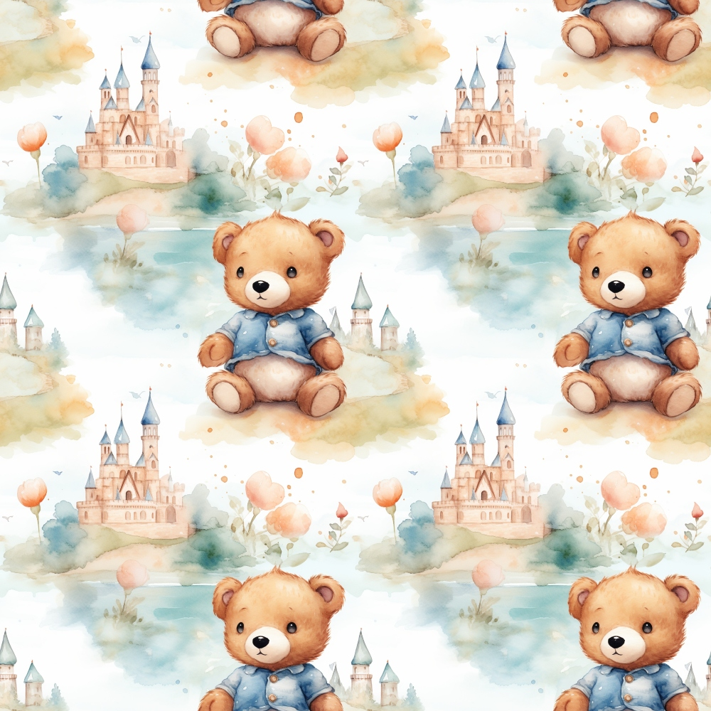 Pattern of teddy bears in blue jackets with castles and trees in the background.