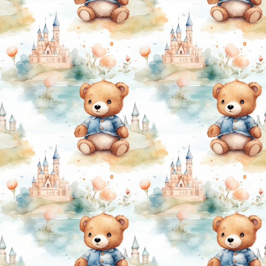 Pattern of teddy bears in blue jackets with castles and trees in the background.