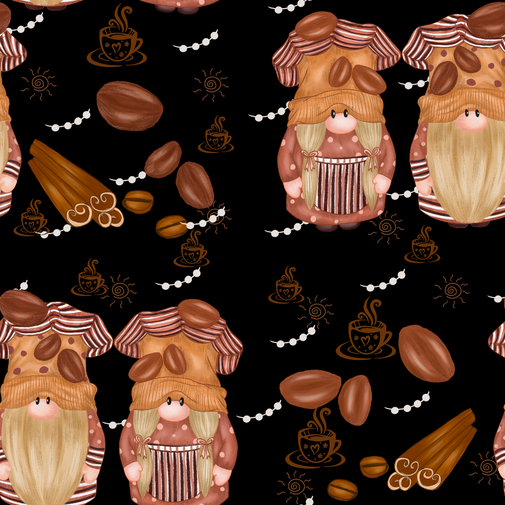 Pattern of cartoon gnomes in coffee-themed attire, surrounded by coffee beans, cinnamon sticks, cups, and doodles on a black background.