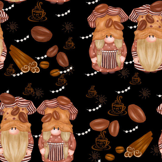 Pattern of cartoon gnomes in coffee-themed attire, surrounded by coffee beans, cinnamon sticks, cups, and doodles on a black background.