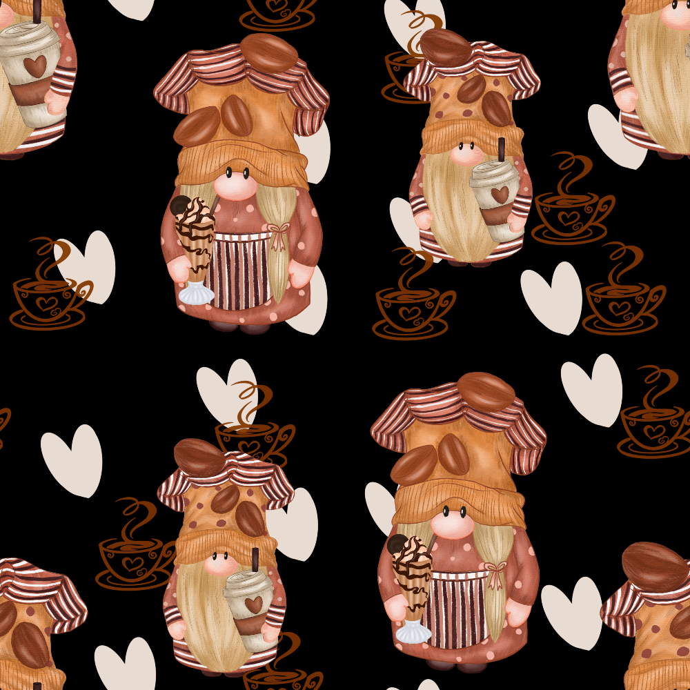 Pattern of stylized gnomes holding coffee and lollipops, surrounded by heart shapes and steaming coffee cup icons on a black background.