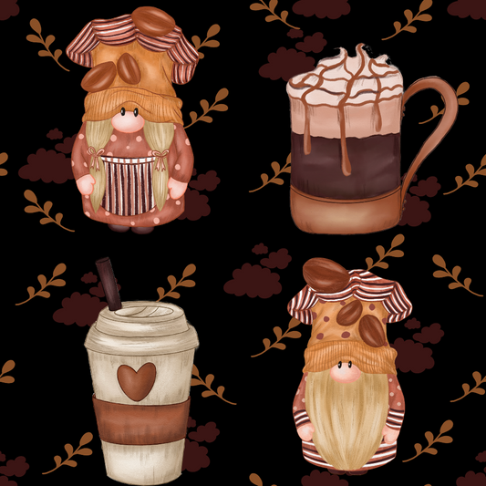 Illustrated gnomes in chef hats and coffee-themed outfits, alongside coffee beverages on a dark background with decorative brown vines and clouds.