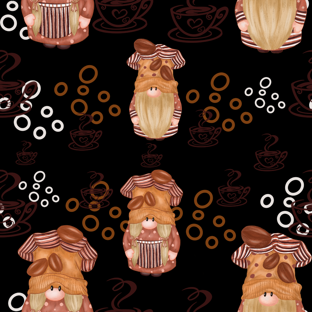 Pattern of gnome illustrations with long beards wearing striped outfits and hats, surrounded by steaming coffee cup outlines and various circles on a black background.