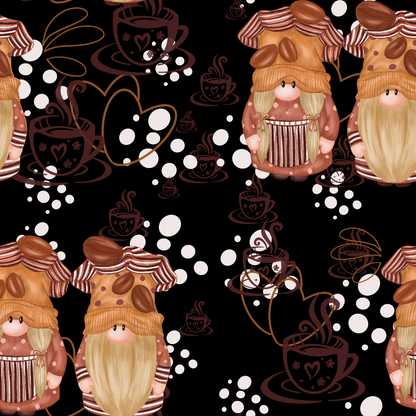 Seamless pattern featuring gnomes with striped hats and cookies, coffee cups with steam and hearts, on a black background with scattered white bubbles.