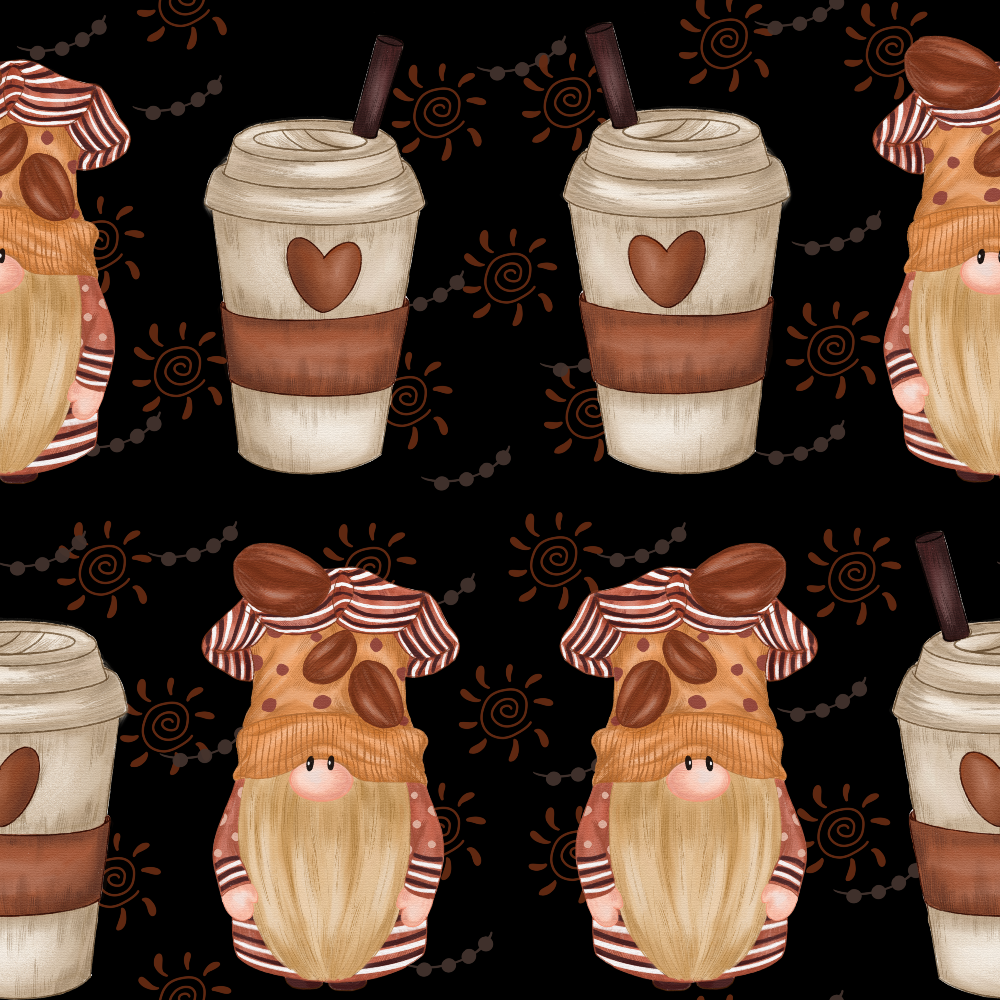 Pattern featuring coffee cups with a heart design and gnome figures wearing brown hats on a black background with abstract swirls.