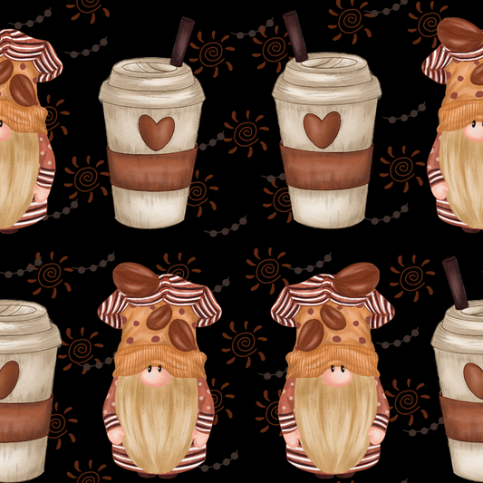 Pattern featuring coffee cups with a heart design and gnome figures wearing brown hats on a black background with abstract swirls.