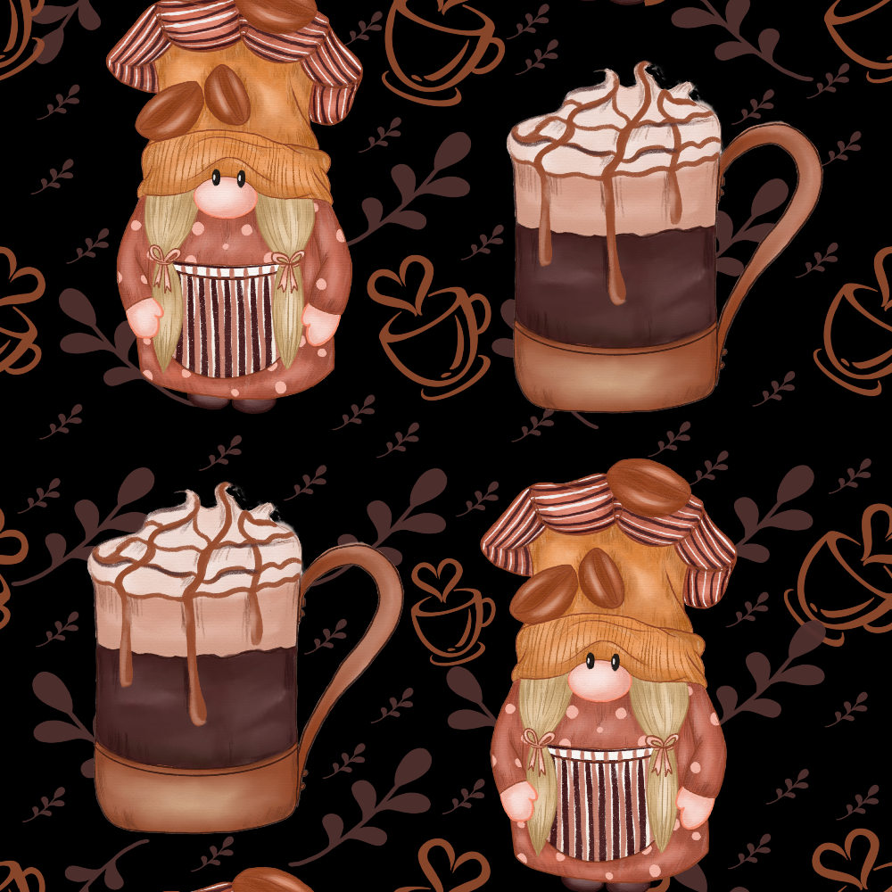 Illustration of gnomes with coffee-themed hats and mugs topped with whipped cream on a dark background with coffee cup patterns.