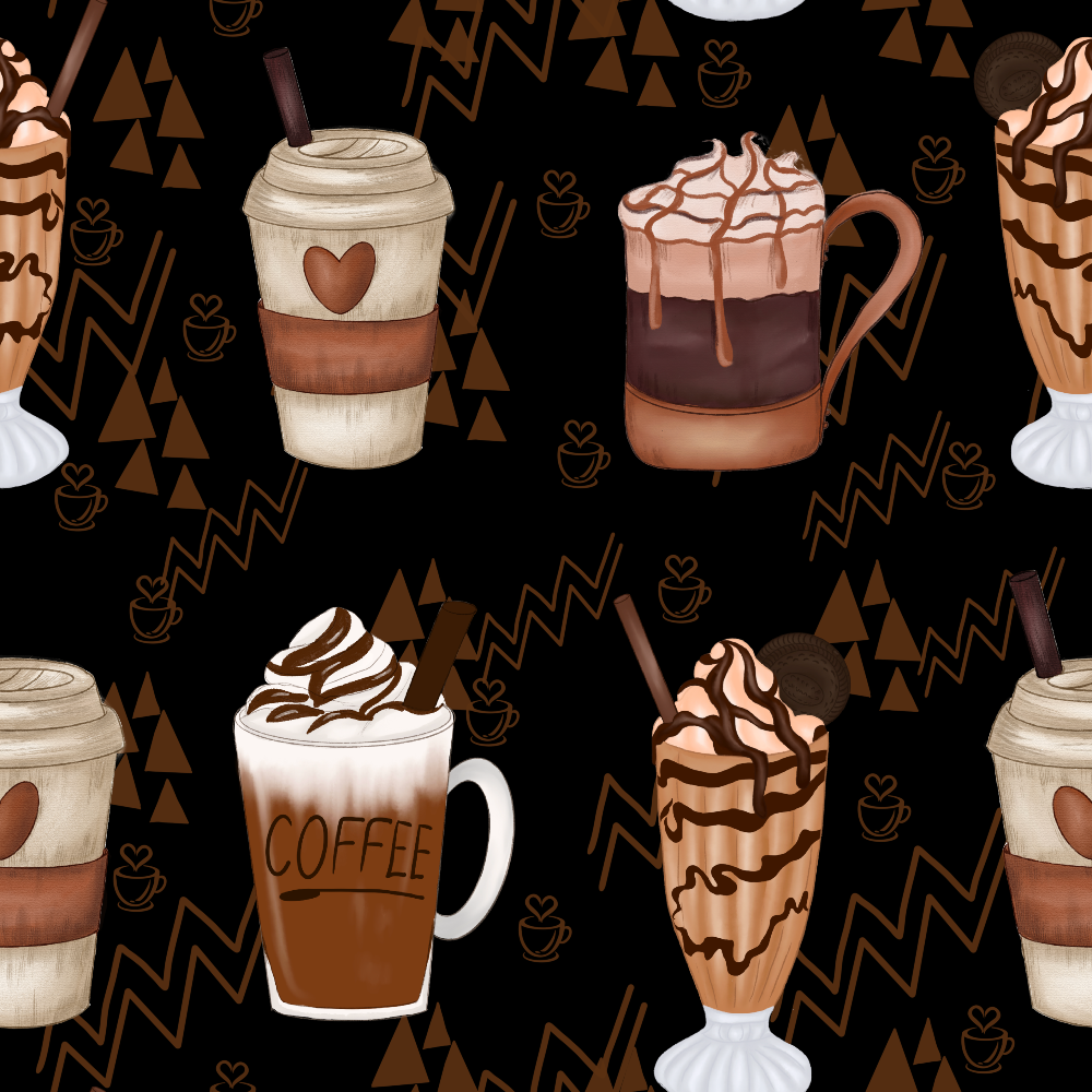 Illustrated pattern of various coffee drinks and abstract shapes on a black background, featuring cups with whipped cream, chocolate drizzle, and heart motifs.