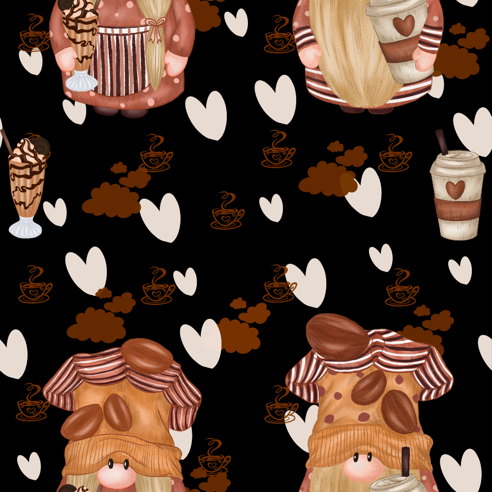 Whimsical gnome illustrations holding coffee, ice cream, and treats, surrounded by hearts and steaming coffee cup graphics on a black background.