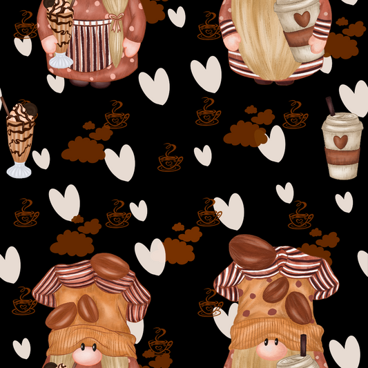 Whimsical gnome illustrations holding coffee, ice cream, and treats, surrounded by hearts and steaming coffee cup graphics on a black background.