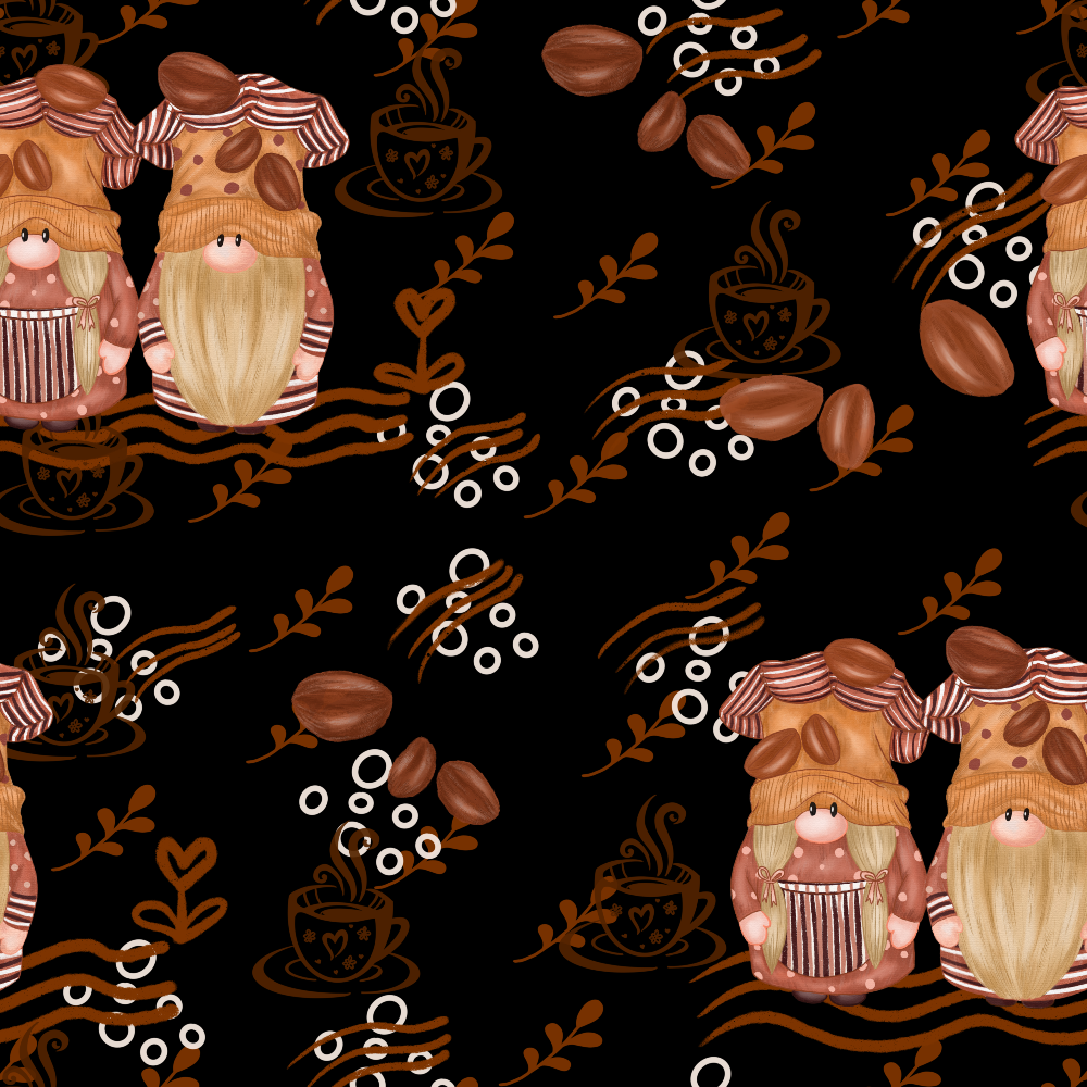 Pattern with whimsical gnomes in striped hats, cocoa beans, steaming mugs, and swirling vines on a black background.