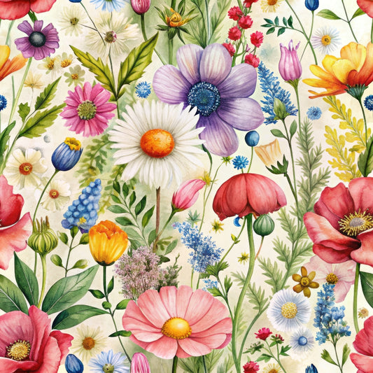 wildflowers, floral pattern, watercolor style, purple flowers, pink blooms, white daisies, blue blossoms, yellow flowers, red poppies, orange centers, green foliage, botanical design, meadow flowers, spring blooms, quilting cotton, fabric panel, whimsical style, nature motifs, garden flowers, colorful florals
