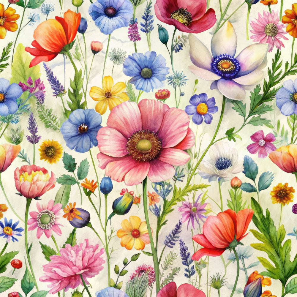wildflowers, floral pattern, pink poppies, blue flowers, yellow blooms, orange petals, purple lavender, green stems, white background, botanical design, meadow flowers, spring blossoms, watercolor style, quilting cotton, fabric panel, delicate florals, nature motif, garden flowers, colorful blooms, whimsical pattern