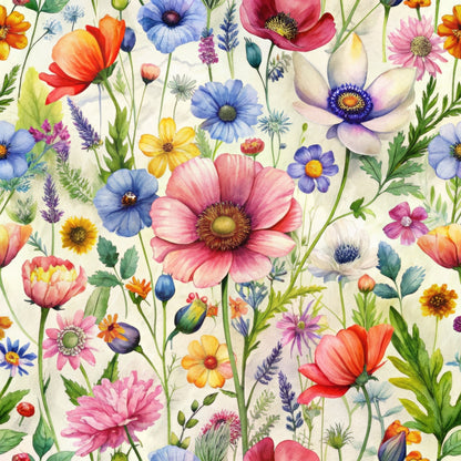 wildflowers, floral pattern, pink poppies, blue flowers, yellow blooms, orange petals, purple lavender, green stems, white background, botanical design, meadow flowers, spring blossoms, watercolor style, quilting cotton, fabric panel, delicate florals, nature motif, garden flowers, colorful blooms, whimsical pattern